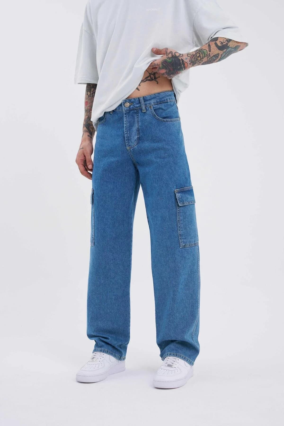 Erkek Fith Kargo Cepli Baggy Lacivert Jeans ürün görseli 1