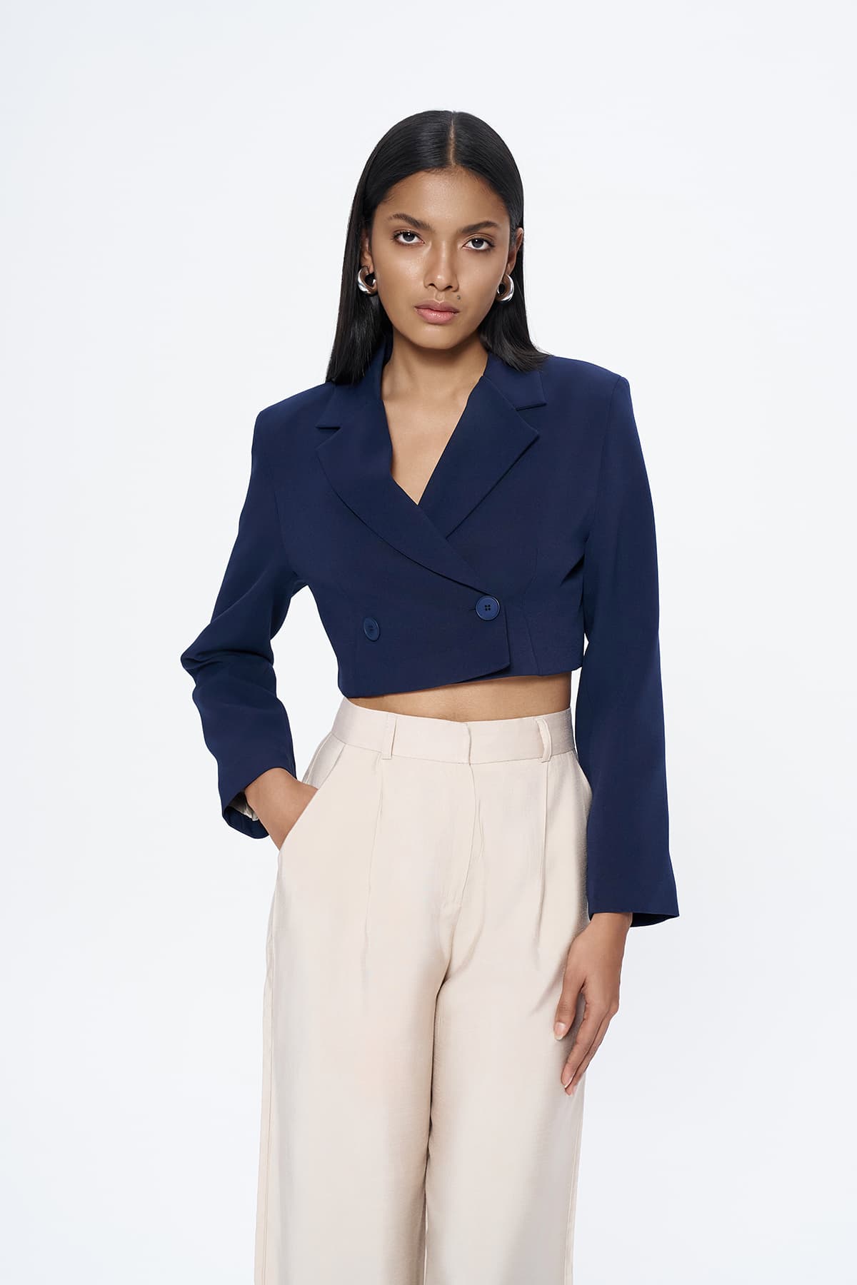 Kruvaze Crop Blazer Ceket Ekru ürün görseli 11