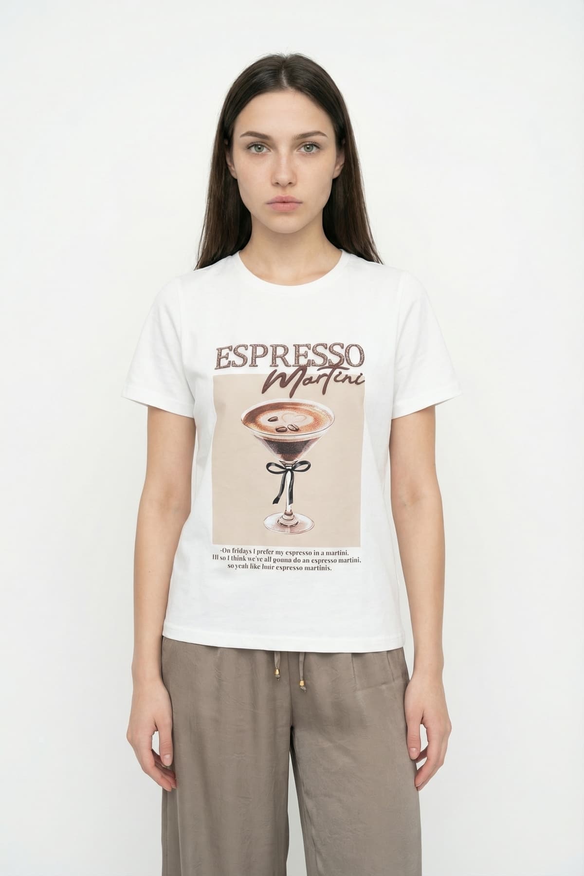 Espresso Nakışlı Baskılı Oversize Tişört Ekru ürün görseli 1